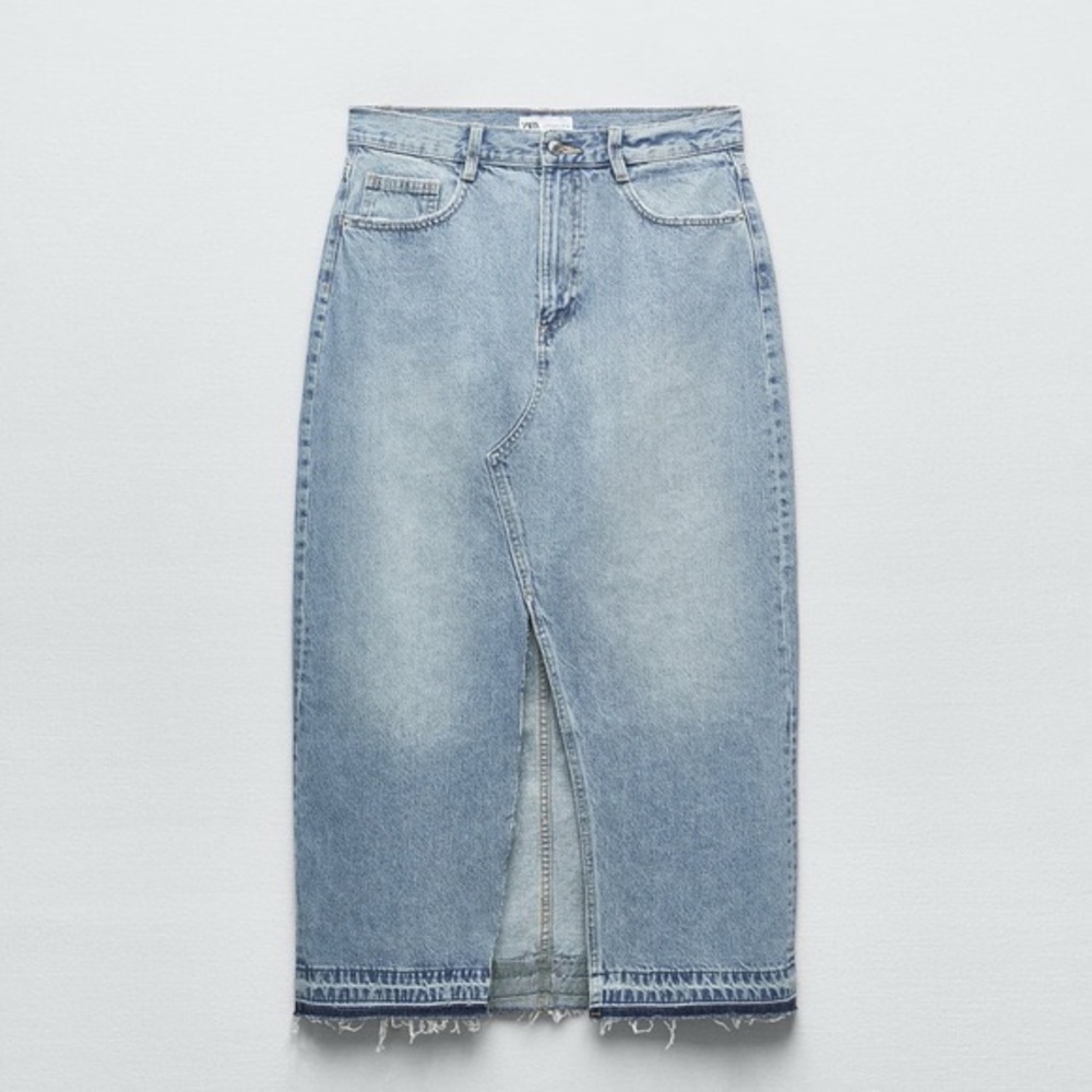ZARA Light Wash Denim Distressed Hem Straight Midi Maxi Front Slit Cotton Skirt - Picture 12 of 16